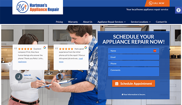 Screenshot of the Hartman's Appliance Repair website featuring a call to schedule repair services, contact information, customer reviews, and navigation links.