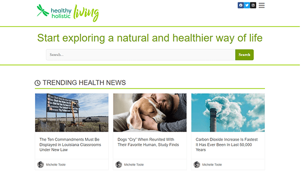 Homepage of a health website with a search bar and news articles. Articles include topics on The Ten Commandments, dogs reuniting with owners, and carbon dioxide increase.