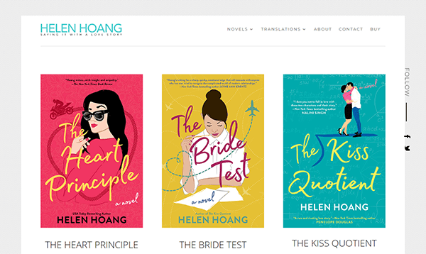 Three book covers by Helen Hoang: "The Heart Principle," "The Bride Test," and "The Kiss Quotient." The website header includes links to "Novels," "Translations," "About," "Contact," and "Buy.