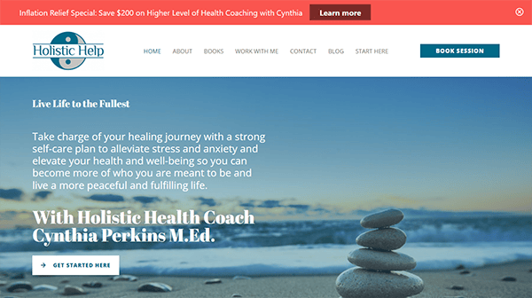 Homepage of "Holistic Help" featuring a scenic beach photo with a stack of stones. Text promotes health coaching services with Cynthia Perkins M.Ed. A banner mentions a $200 discount on higher-level coaching.