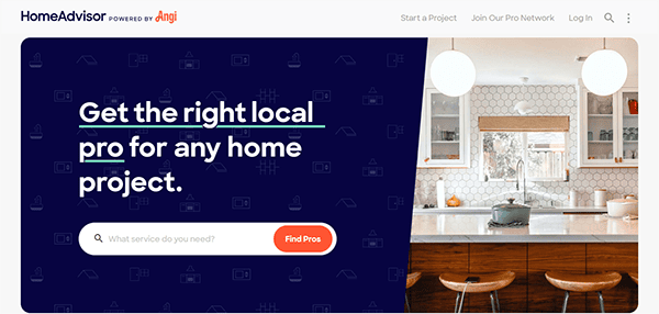 HomeAdvisor homepage with a search section on the left for finding local professionals for home projects. On the right, there is a kitchen with a wooden island, chairs, and modern decor.