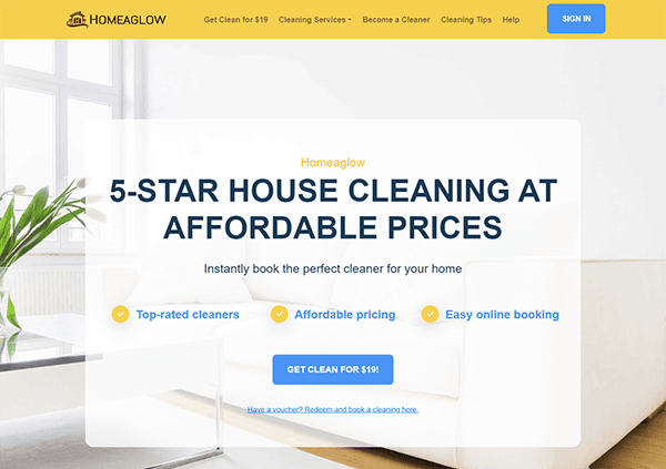 Homeaglow website homepage featuring a banner with the text "5-Star House Cleaning at Affordable Prices," and options for booking cleaners. Promoted as top-rated, affordable, and easy online booking.