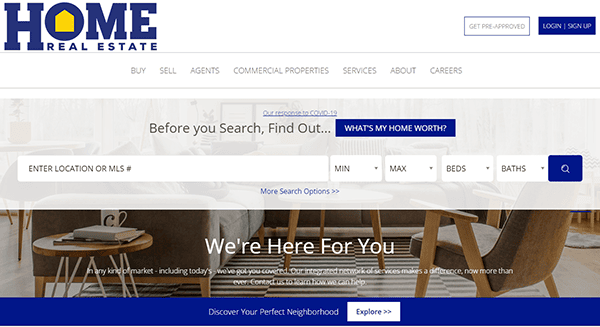 Screenshot of a real estate website's homepage. The site features a navigation bar, search bar for home listings, and a message emphasizing the company's support for clients.