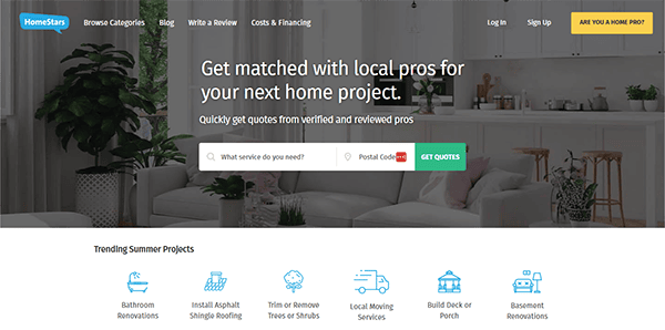 Screenshot of a website offering home project services. The main section features a search bar to find local professionals and a button to get quotes. The footer lists trending summer projects and service categories.