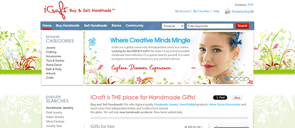 Screenshot of an online marketplace website titled 'iCraft: Buy & Sell Handmade'. The page highlights handmade items categories, popular searches, and features a banner with the text "Where Creative Minds Mingle".