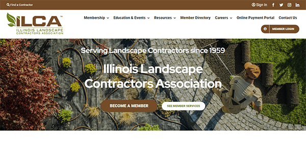 Screenshot of the Illinois Landscape Contractors Association (ILCA) website homepage, featuring options for membership, education, events, resources, a member directory, careers, and online payment.