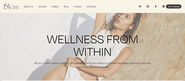 A woman poses against a light, rocky background. Text over the image reads, "Wellness From Within." Several menu items and a "Book Now" button are displayed at the top.