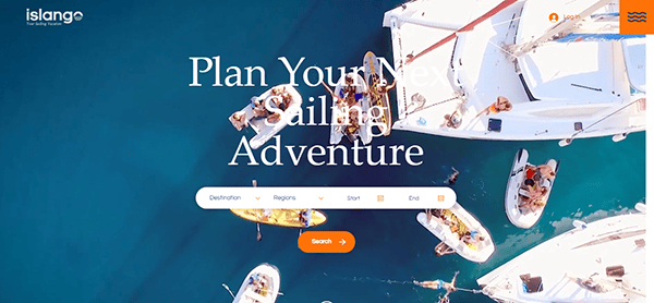 A group of people in kayaks and paddleboards near a sailboat on clear blue water. The text, "Plan Your Next Sailing Adventure," overlays the image with a search bar below it.