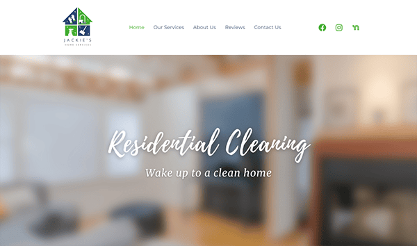 Screenshot of a website for Jackie's Home Services featuring the text "Residential Cleaning - Wake up to a clean home" against a blurred background of a living room. The top menu includes Home, Our Services, About Us, Reviews, and Contact Us.