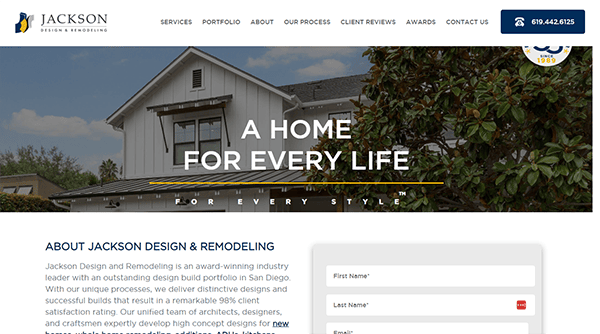 Screenshot of a website for Jackson Design & Remodeling. The header section features a house image and the text "A Home for Every Life." The site includes a navigation bar, contact info, and a company description.