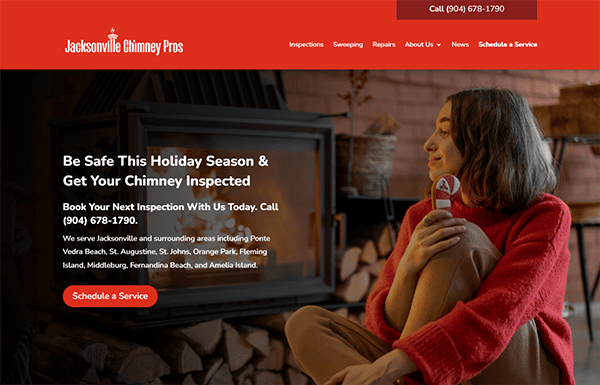 A website for Jacksonville Chimney Pros with a woman near a fireplace. It promotes scheduling chimney inspections for holiday season safety. Contact details and service areas are displayed.