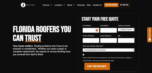 The screenshot of a commercial roofing company's webpage shows the tagline "Florida Roofers You Can Trust" alongside a free quote form. With convenient menu links and a live chat button, this professional site offers seamless navigation for those seeking trustworthy roofing services.
