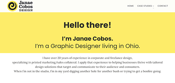 A website screenshot with yellow and white background introducing Janae Cobos as a graphic designer based in Ohio, emphasizing experience and a personal touch in design solutions.