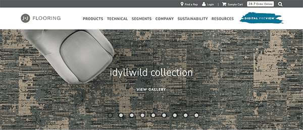 A website homepage for JJ Flooring, showcasing the "Idyllwild Collection" of flooring with a gray chair and patterned floor. Navigation menus include options for products, company info, and digital preview.