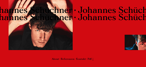 A man with dark hair, dressed in black, poses with hands up and a serious expression against a red background with repeated text "Johannes Schüchner." Buttons below: "About," "Referenzen," "Kontakt," and "Pdf.