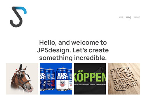 Screenshot of a webpage for JP5design featuring a logo, navigation links (work, about, contact), a welcome message, and a row of five images showcasing various graphic design projects.