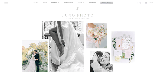 Photography website homepage showing various wedding images, including a couple kissing, a bride's dress, a bouquet, a wedding invitation, and a groom lifting a bride. Site title: "Juno Photo".