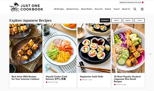 Screenshot of a cooking website featuring Japanese recipes, with images of various dishes including BBQ recipes, Hiyashi Chuka (cold ramen), vegetarian sushi rolls, and Japanese rice bowls.