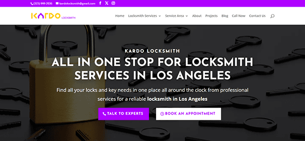 The homepage for Kardo Locksmith, one of Los Angeles' best locksmith services, features essential services, contact information, and appointment buttons. The background elegantly showcases keys and a lock, making it a standout among locksmith websites.