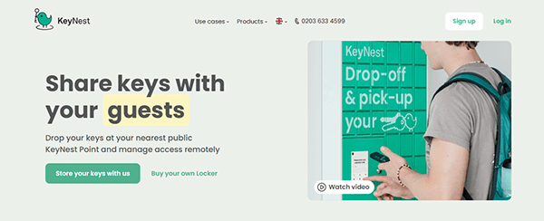A person uses a smartphone to access a KeyNest locker. Text reads: "Share keys with your guests. Drop off & pick up." Perfect for small businesses, features include "Sign up" and "Watch video" buttons.
