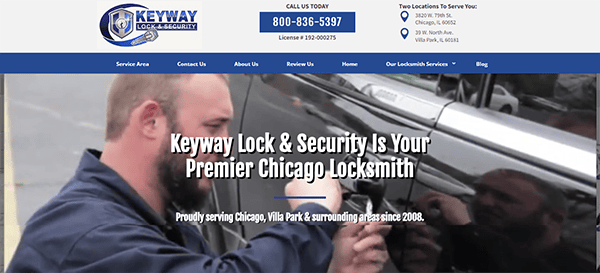 A locksmith from Keyway Lock & Security is working on a car in a company ad. The banner highlights their service in Chicago, Villa Park, and surrounding areas since 2008 with a contact number included.