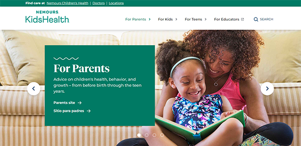 A mother and daughter reading a book together on the Nemours KidsHealth website homepage. The site offers health advice for parents, kids, and teens.