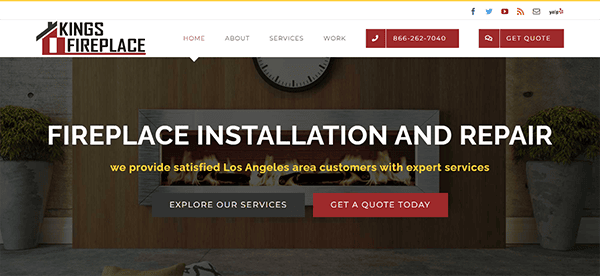 Kings Fireplace website homepage showcasing fireplace installation and repair services with call-to-action buttons for service exploration and obtaining a quote.