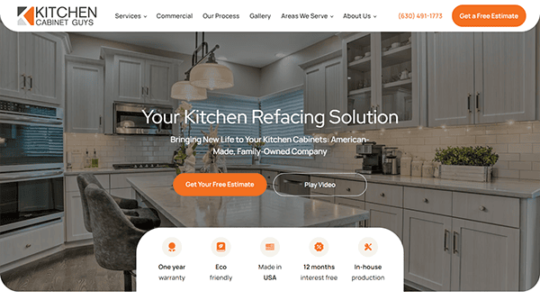 A kitchen refacing company website homepage showing a modern kitchen. The page features the company logo, contact details, a tagline, and buttons for "Get Free Estimate" and "Play Video".