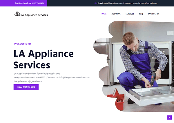 Technician repairs an appliance in a kitchen beside contact information for LA Appliance Services.