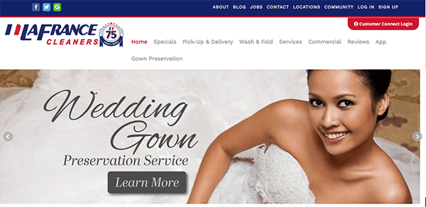 A webpage for La France Cleaners with a banner advertising their Wedding Gown Preservation Service, featuring a smiling bride in a white gown and a "Learn More" button.