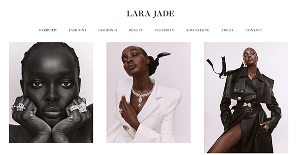 Three fashion photographs featuring a model in black and white close-up with rings, in a white outfit with necklace, and in a black trench coat outfit. The title "LARA JADE" and menu are at the top.