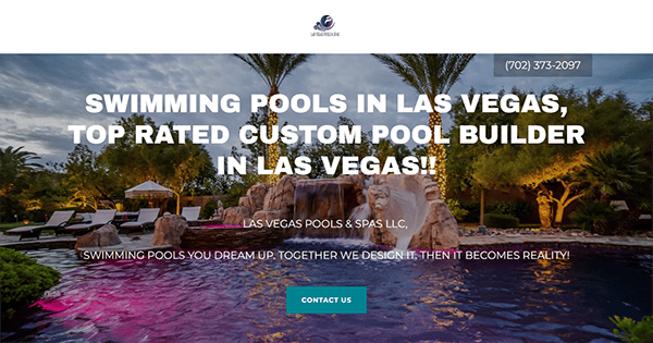 Image of a promotional webpage for Las Vegas Pools & Spas LLC, showcasing a custom swimming pool with text advertising top-rated pool building services in Las Vegas, and contact information.