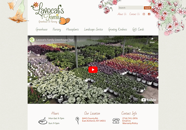 Screenshot of Lavocat's Family Greenhouse & Nursery website showcasing a YouTube video tour of their greenhouse, hours of operation, contact information, and address in East Amherst, NY.