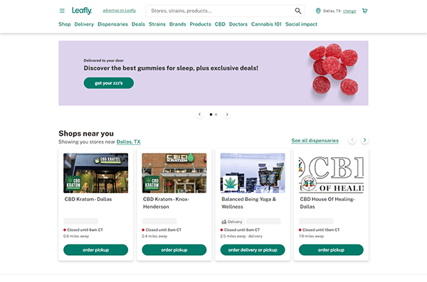 Screenshot of a Leafly webpage showing local CBD and wellness store listings in Dallas, TX, alongside a banner ad promoting CBD gummies.