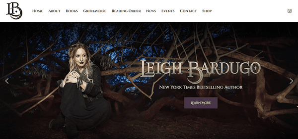 A person sitting on the ground in a forest setting. Text reads "Leigh Bardugo, New York Times Bestselling Author." Website navigation includes Home, About, Books, Grishaverse, Reading Order, News, Events, Contact, and Shop.