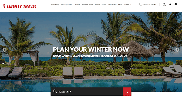 Liberty Travel promotional website showcasing a tropical beach resort with a pool, palm trees, and a "Plan Your Winter Now" banner encouraging early booking for up to 50% savings.