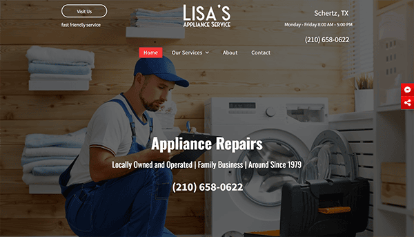 A technician in blue overalls repairs a washing machine inside a wooden-paneled room. The website text above reads "Lisa's Appliance Service" with contact details and business hours.