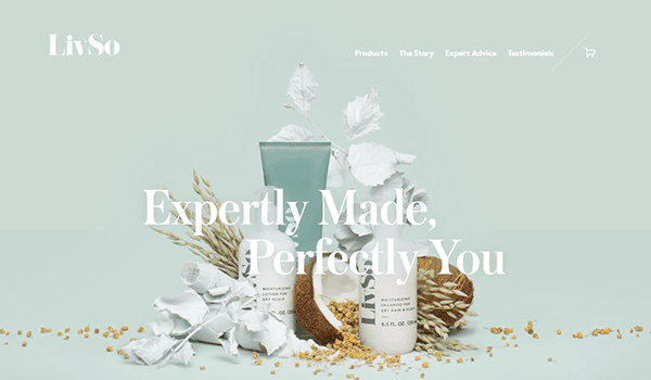 A green and white LivSo advertising banner displays skincare products among dried flowers with the text "Expertly Made, Perfectly You.