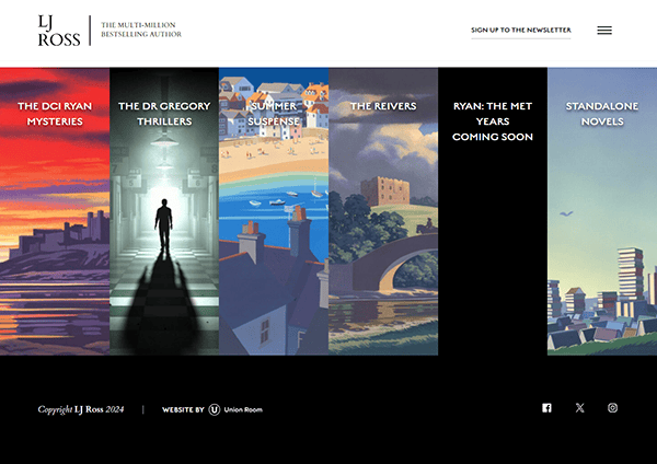 Screenshot of an author’s website featuring book series: "The DCI Ryan Mysteries," "The Dr Gregory Thrillers," "Summer Suspense," "The Reivers," "Ryan: The Met Years," and "Standalone Novels.