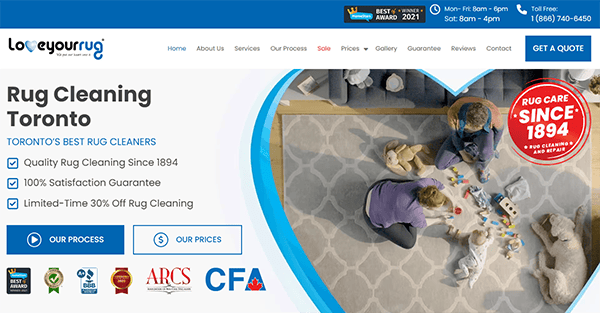 Screenshot of a rug cleaning service website, featuring the company logo, contact information, service hours, special offers, and a photo of two people playing with a child on a gray rug.