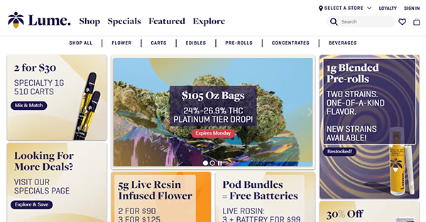 Screenshot of the Lume website homepage showcasing various cannabis products including 1G 510 carts, 1oz bags, live resin infused flower, pod bundles, and blended pre-rolls with promotional offers.