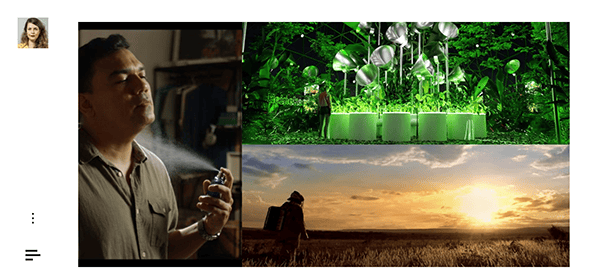 A collage showing a man spraying a mist on his face, a futuristic garden with glowing plants, and a person walking through a field at sunset.