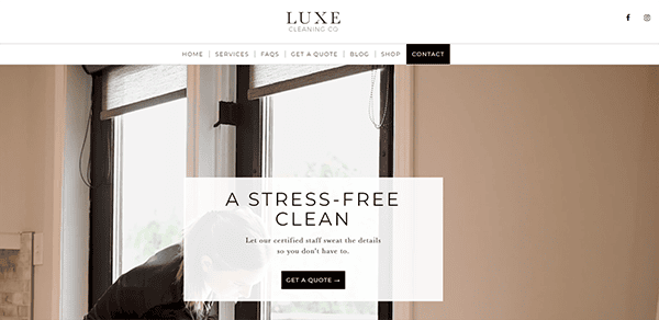 Website screenshot of Luxe Cleaning Co. The homepage promotes a stress-free cleaning service with a "Get a Quote" button. The navigation bar includes links to home, services, FAQs, quotes, blog, and shop.