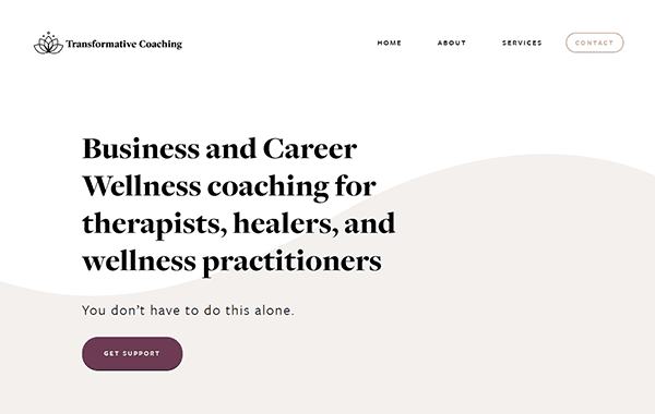 Transformative Coaching website offering business and career wellness coaching for therapists, healers, and wellness practitioners with options for support.