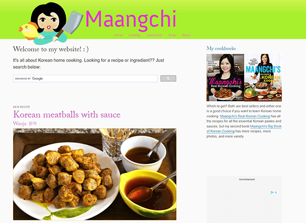 Screenshot of Maangchi's website featuring Korean meatballs with sauce. The navigation bar includes options like "Home," "Recipes," and "About." The right column shows Maangchi's cookbooks.