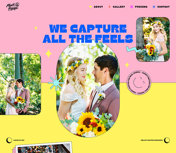 A wedding photography website with pastel-colored graphics showing a bride and groom looking at each other, surrounded by smaller photos of the couple and text stating, "We Capture All the Feels.