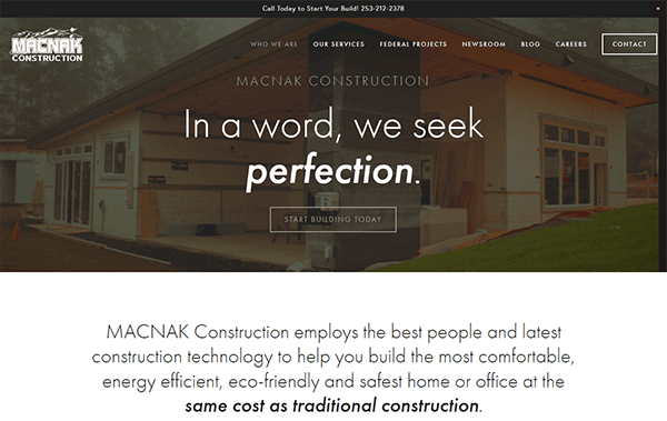 Screenshot of MACNAK Construction's website. The homepage features the tagline "In a word, we seek perfection," with images of buildings and navigation links to various services and projects.