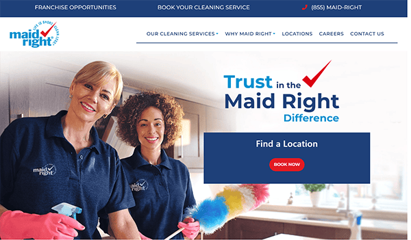 Two Maid Right cleaners, wearing uniforms and gloves, smile while holding cleaning tools. The webpage promotes their cleaning services and features a "Find a Location" button with a "Book Now" option.