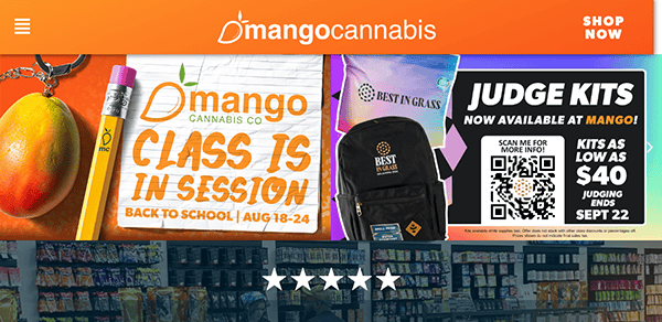 Image showing Mango Cannabis Co promotional material including a backpack with "Best in Glass" branding, QR code for judge kits, and store interior. Also features customer testimonial and store details.