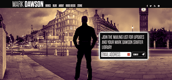 A silhouetted person stands facing Big Ben and historic buildings in sepia tone with “Mark Dawson” header; a subscription prompt and email field are located to the right.